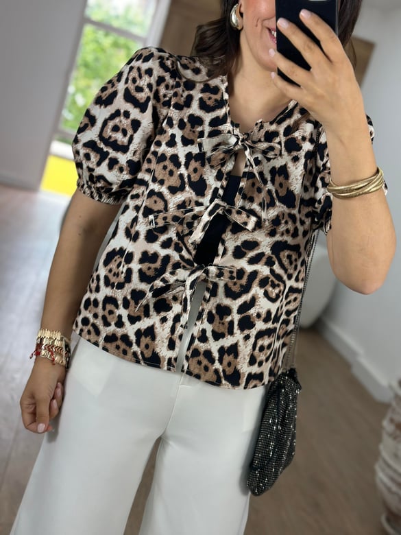 Balon Kol Önü Bağlamalı Leopar Bluz