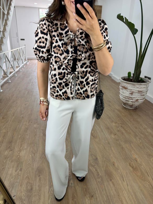 Balon Kol Önü Bağlamalı Leopar Bluz