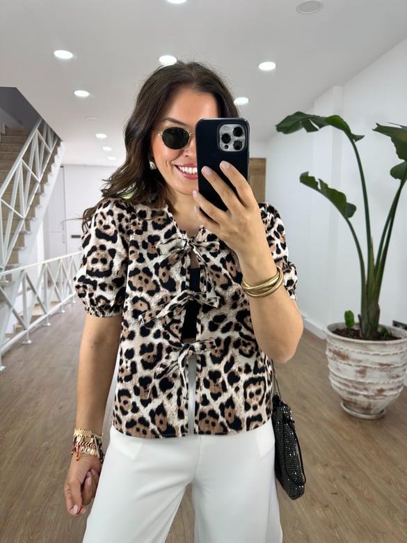 Balon Kol Önü Bağlamalı Leopar Bluz