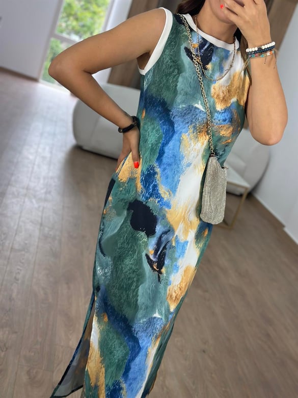 Batik Desen Sıfır Kol Elbise