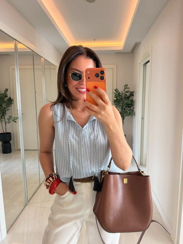 Çizgili Püskül Detaylı Kolsuz Bluz - Mavi