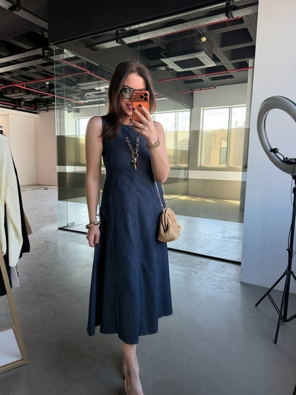 Sıfır Kol Cepli Denim Elbise