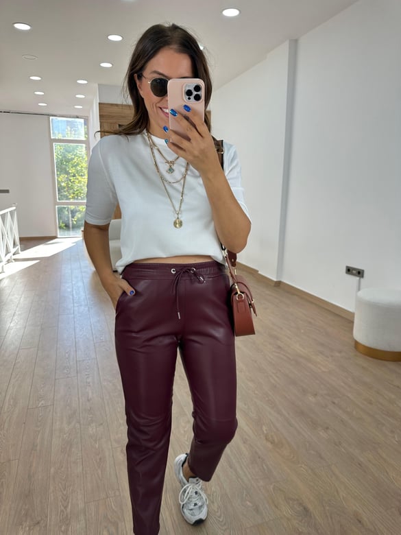 Beli Bağcıklı Deri Pantolon - Bordo 