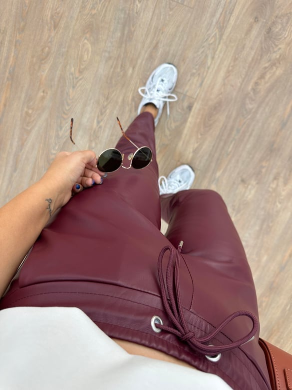 Beli Bağcıklı Deri Pantolon - Bordo 