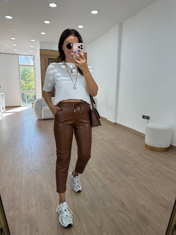 Beli Bağcıklı Deri Pantolon-Taba