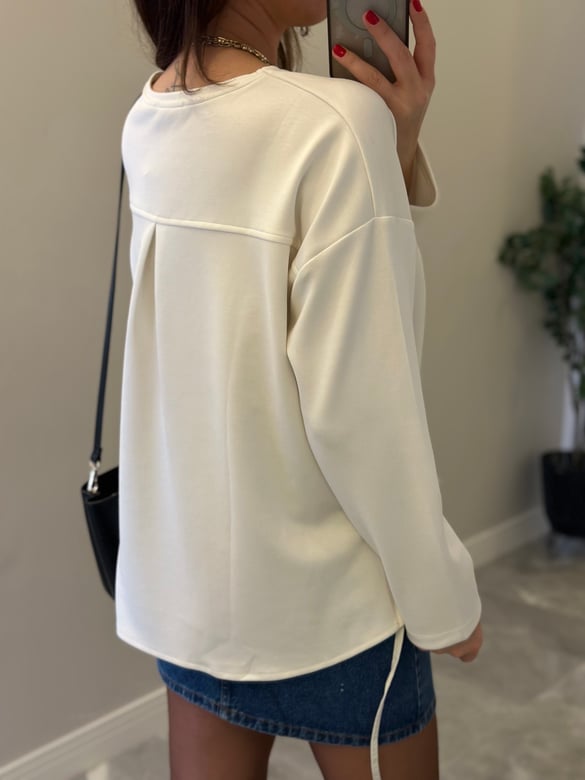 Beli Büzgülü Sweatshirt - Ekru