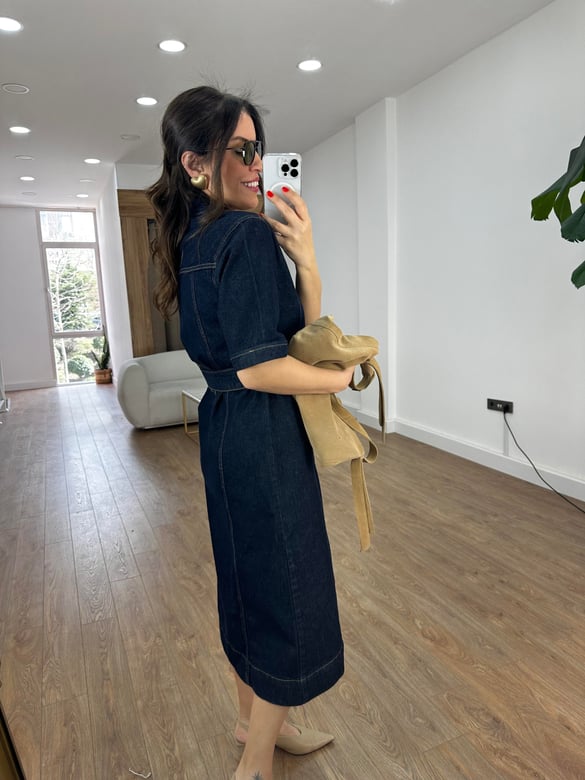 Beli Kuşaklı Denim Midi Elbise 