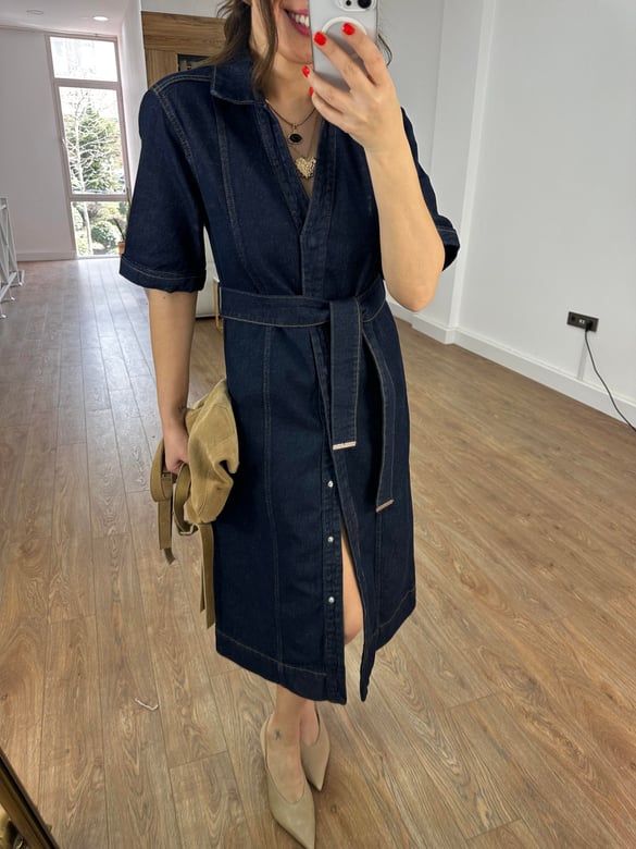 Beli Kuşaklı Denim Midi Elbise 