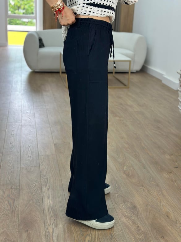 Beli Kemerli Bol Paça Modal Pantolon-Siyah