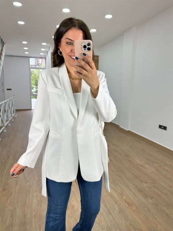 Beli Kuşaklı Blazer Ceket-Beyaz