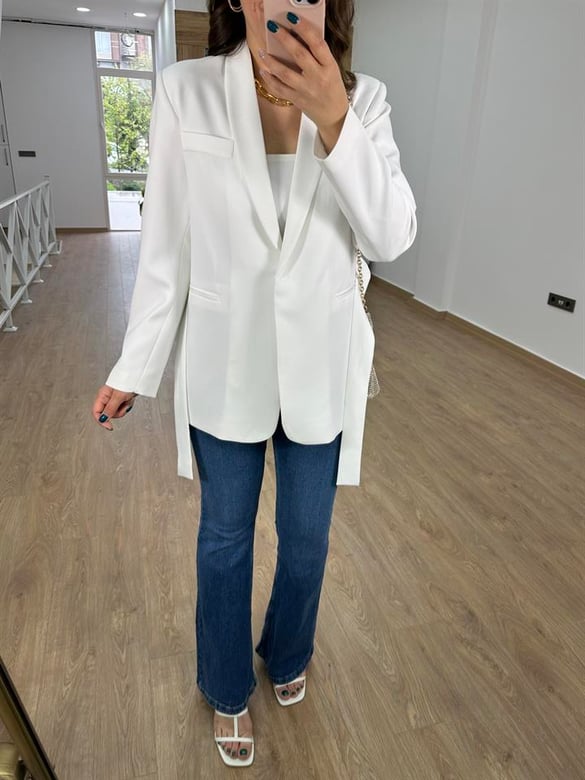 Beli Kuşaklı Blazer Ceket-Beyaz