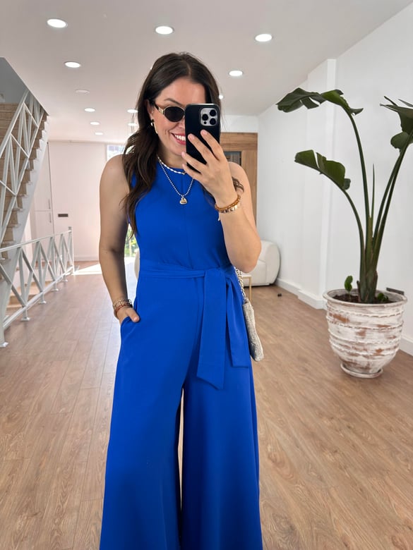 Beli Kuşaklı Bol Paça Krep Tulum-Mavi