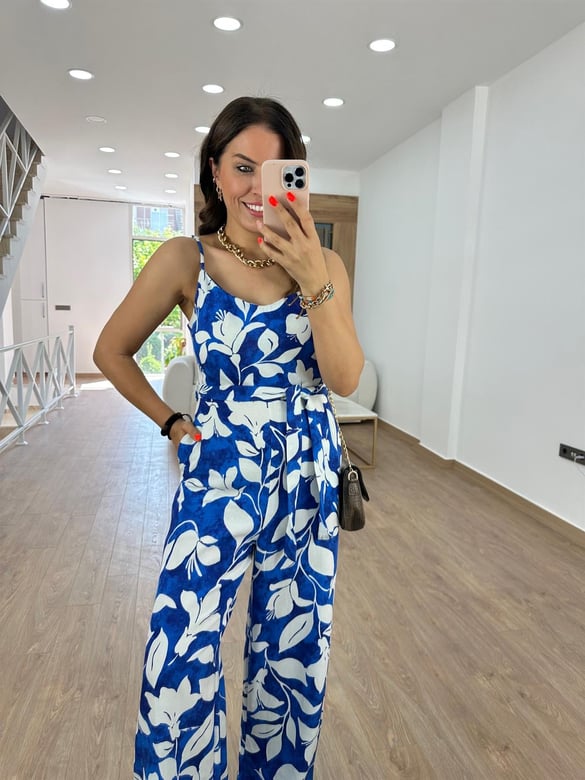 Beli Kuşaklı Çiçekli Keten Tulum-Saks