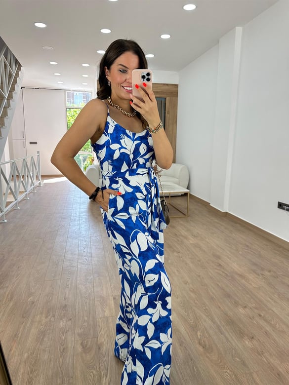 Beli Kuşaklı Çiçekli Keten Tulum-Saks