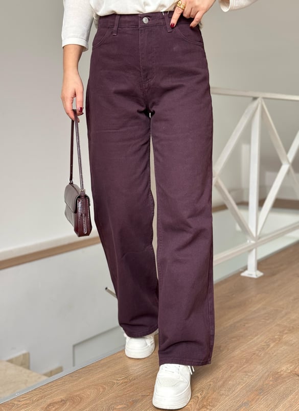 Beli Kuşaklı Denim Takım - Bordo