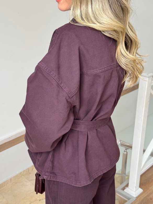 Beli Kuşaklı Denim Takım - Bordo