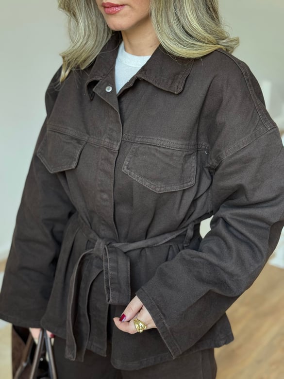 Beli Kuşaklı Denim Takım - Kahverengi