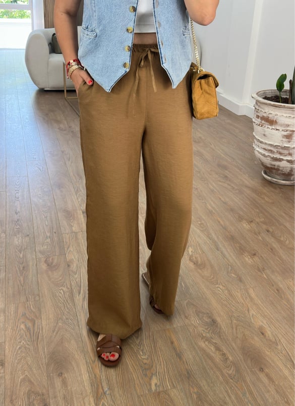 Beli Lastikli Bol Paça Keten Pantolon-Olive
