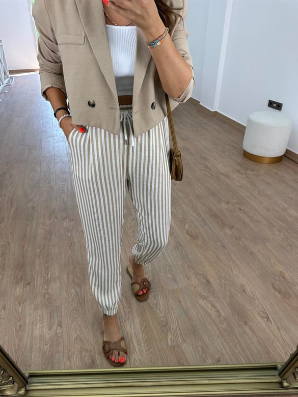 Beli Lastikli Çizgili Keten Pantolon-Camel 