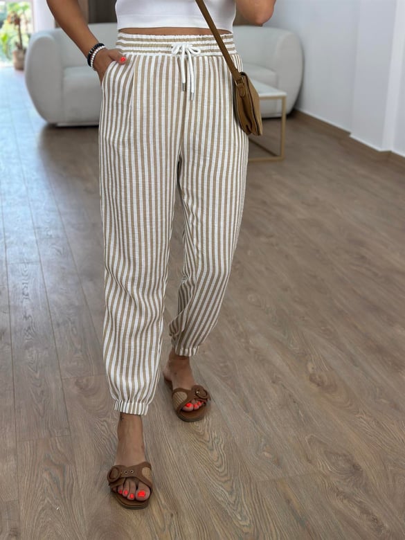 Beli Lastikli Çizgili Keten Pantolon-Camel 