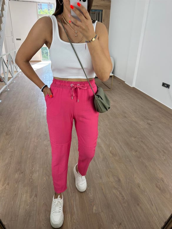 Beli Lastikli Dikiş Detay Havuç Pantolon Fuşya