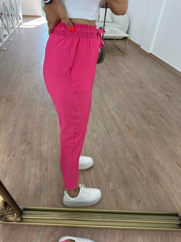 Beli Lastikli Dikiş Detay Havuç Pantolon Fuşya