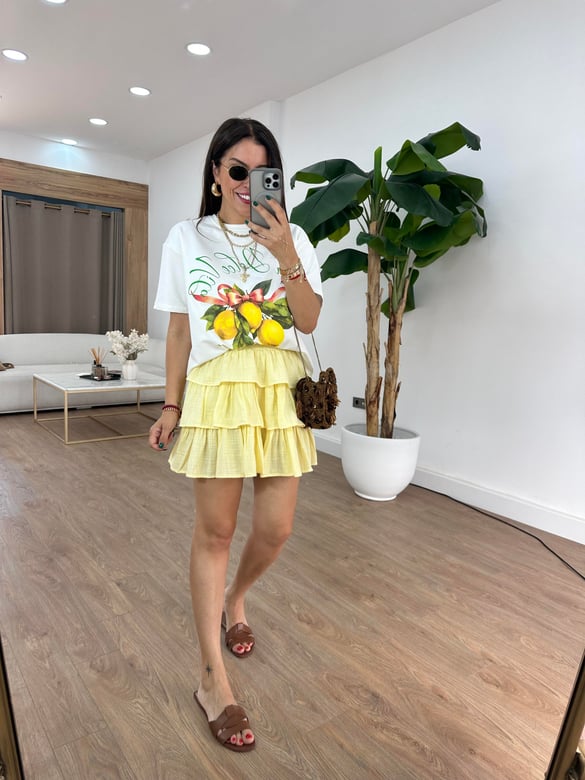 Beli Lastikli Fırfırlı Mini Etek - Sarı