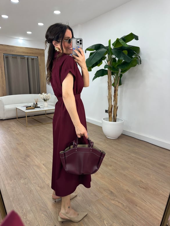 Beli Lastikli Kuşaklı Midi Elbise - Bordo