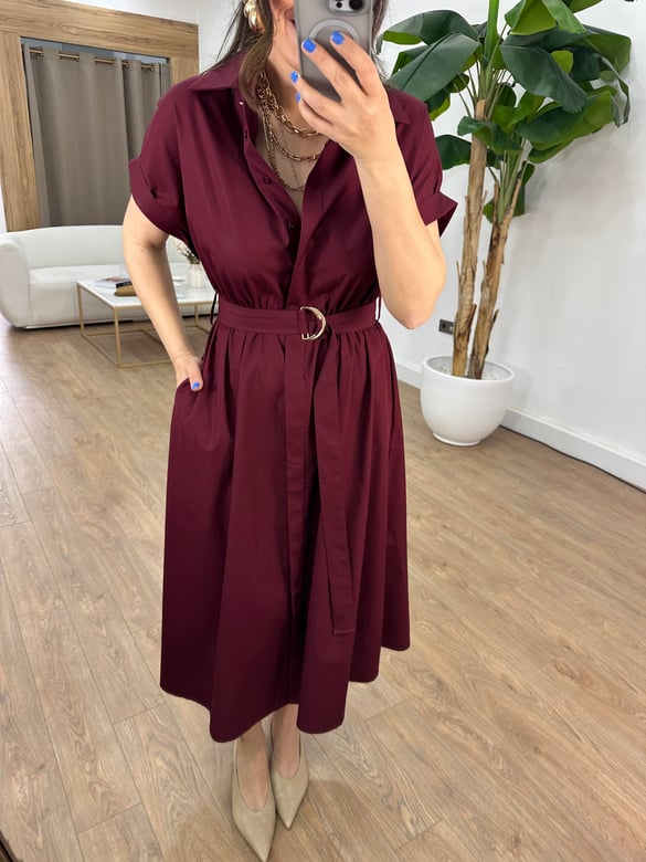 Beli Lastikli Kuşaklı Midi Elbise - Bordo