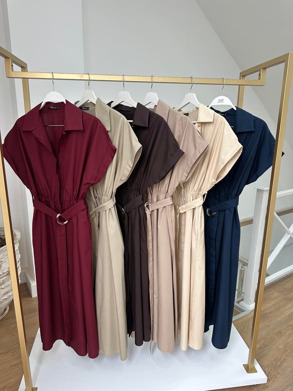 Beli Lastikli Kuşaklı Midi Elbise - Vizon