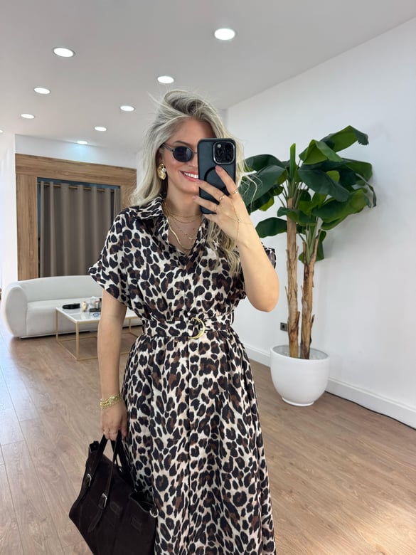 Beli Lastikli Leopar Midi Elbise