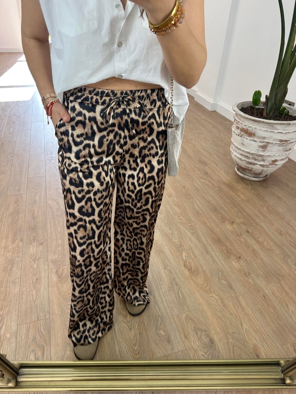 Beli Lastikli Leopar Saten Pantolon