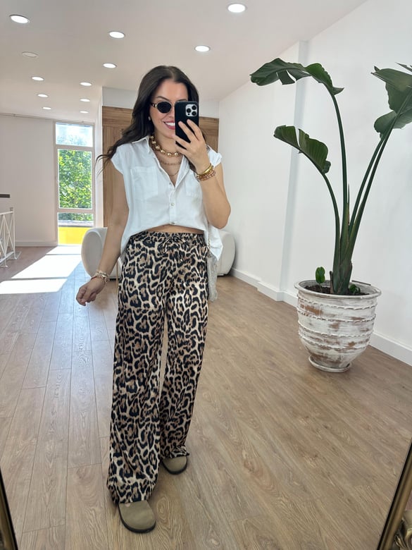 Beli Lastikli Leopar Saten Pantolon