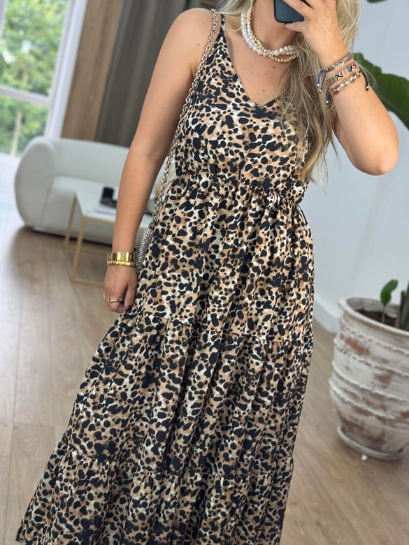 Beli Lastikli Maxi Boy Leopar Elbise