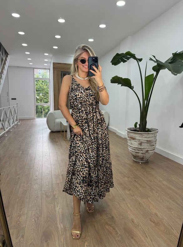 Beli Lastikli Maxi Boy Leopar Elbise