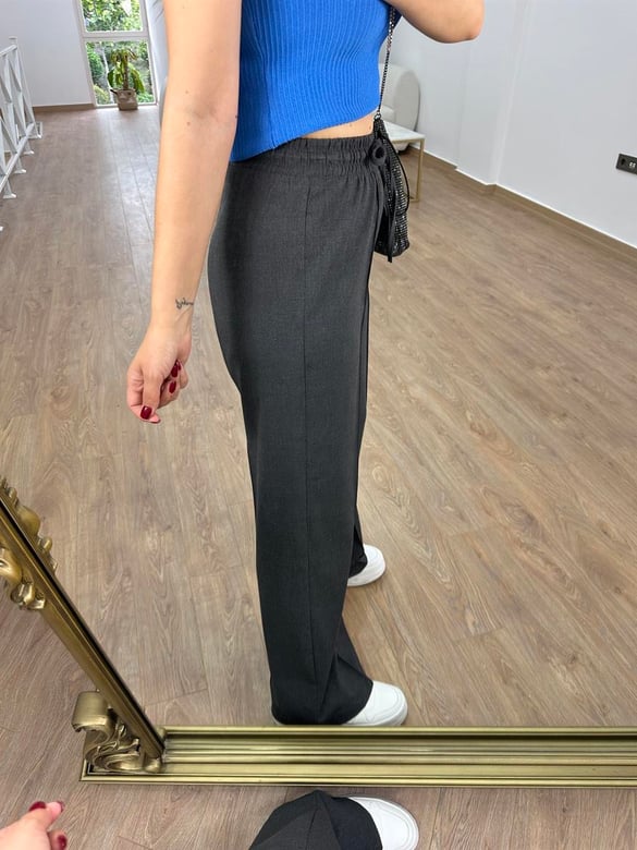 Beli Lastikli Önden Çımalı Palazzo Pantolon-Füme