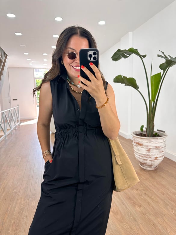 Beli Lastikli Önden Düğmeli Poplin Elbise-Siyah