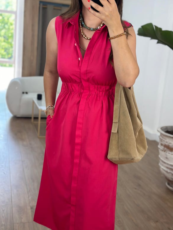 Beli Lastikli Önden Düğmeli Poplin Elbise-Fuşya