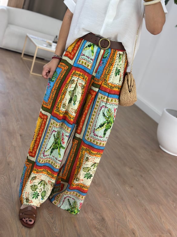 Beli Lastikli Retro Desenli Tiril Pantolon 