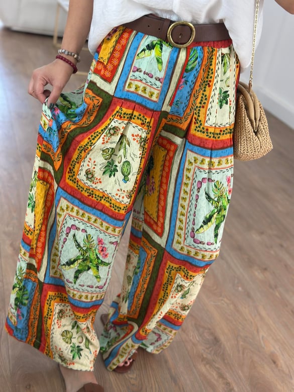Beli Lastikli Retro Desenli Tiril Pantolon 