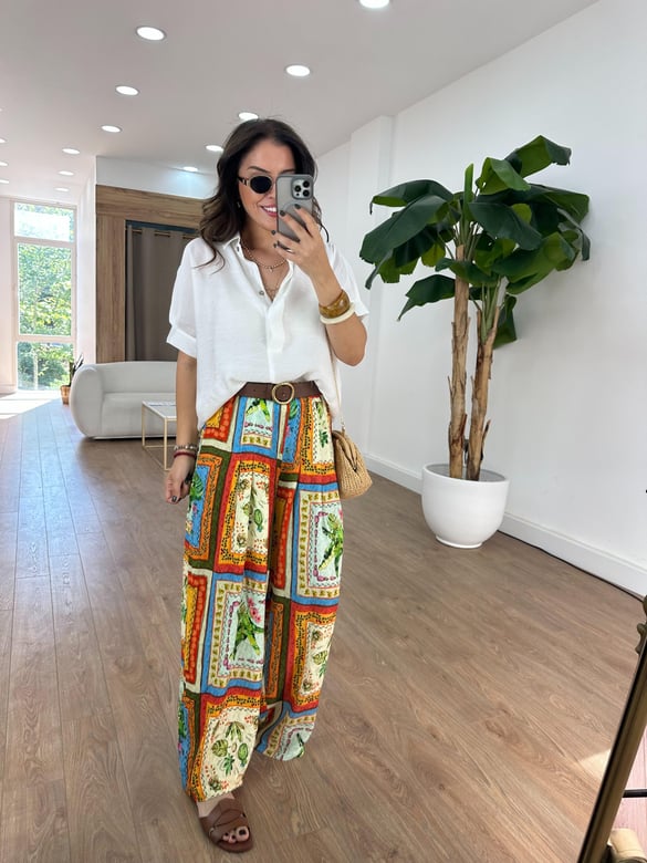 Beli Lastikli Retro Desenli Tiril Pantolon 
