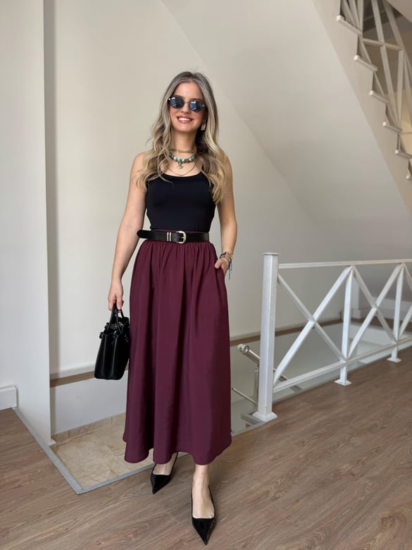 Beli Lastikli Tensel Maxi Etek - Bordo