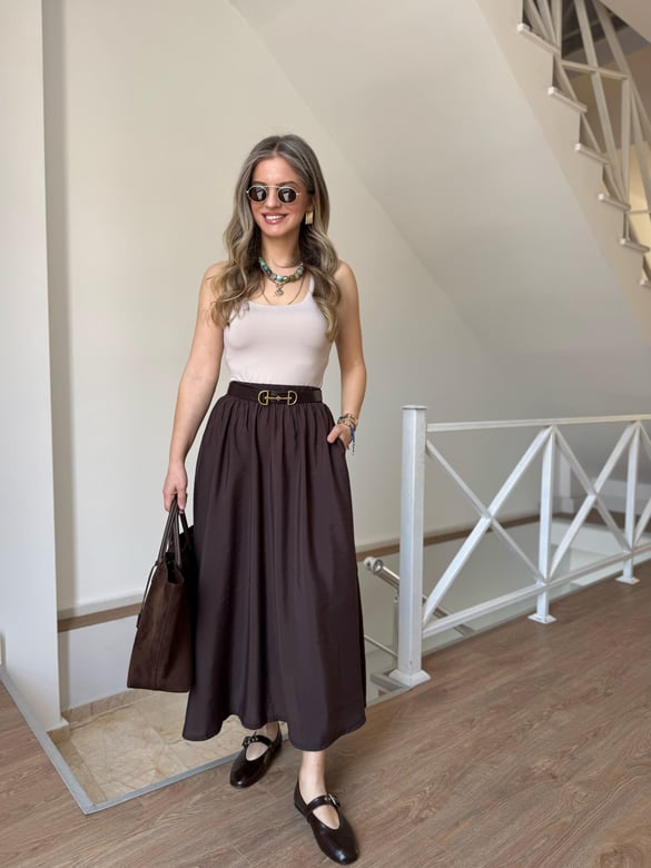 Beli Lastikli Tensel Maxi Etek - Kahverengi