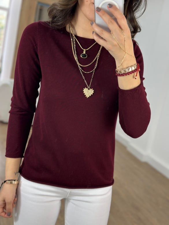 Bisiklet Yaka Basic Triko - Bordo