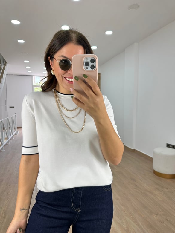 Bisiklet Yaka Çizgi Detaylı Merserize Triko-Beyaz