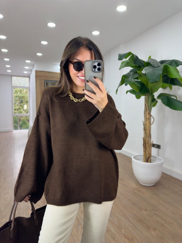 Bisiklet Yaka Oversize Yumoş Kazak - Acı Kahve