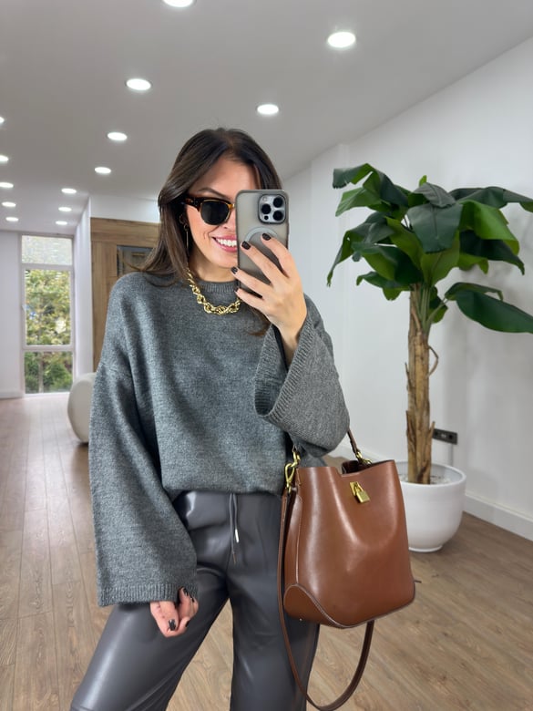 Bisiklet Yaka Oversize Yumoş Kazak - Antrasit