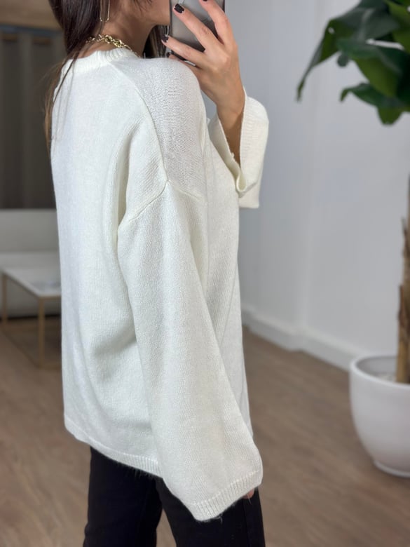 Bisiklet Yaka Oversize Yumoş Kazak - Ekru