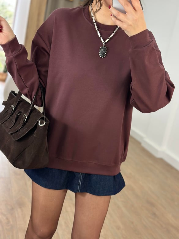 Bisiklet Yaka Pamuklu Basic Sweatshirt - Kahverengi