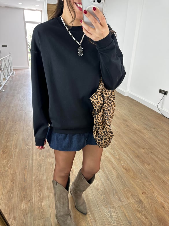 Bisiklet Yaka Pamuklu Basic Sweatshirt - Siyah